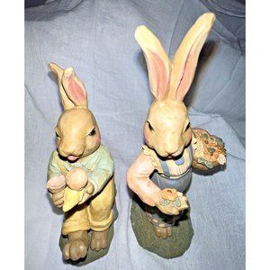 2 Enesco Vintage 1996 Girl Bunny  7" Figurine Easter Rabbit Basket & Mr. Rabbit